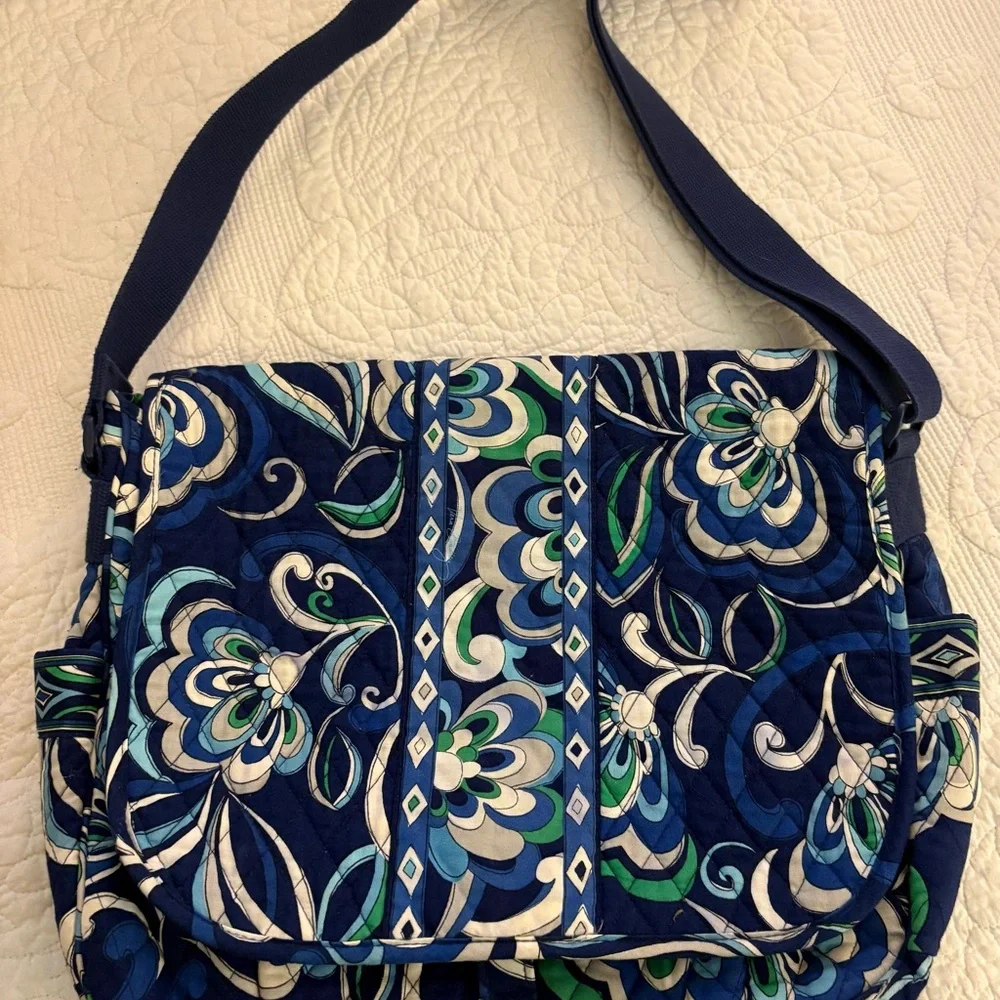 Vera Bradley Navy Blue & Green Quilted Crossbody Laptop Bag
